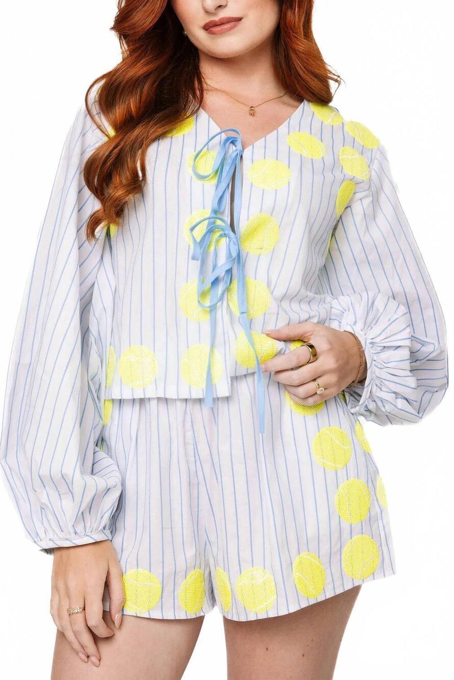 NEW QUEEN OF SPARKLES tennis ball tie-front top in white & blue stripes